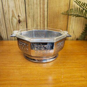 Vintage Pyrex Silver-Plated Octagonal Bowl With Pierced Design & Removable Glass